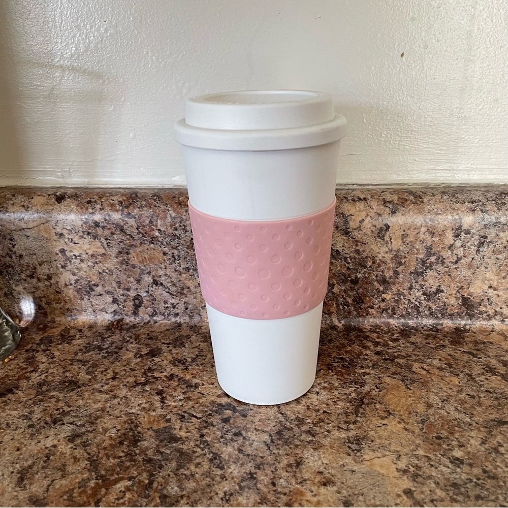 White Travel Mug with Pink Grip